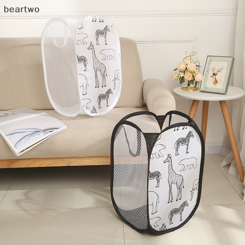 < Beartwo > Giỏ đựng đồ giặt có thể gập lại hoạt hình cho quần áo bẩn Giỏ đựng đồ giặt gia đình Hươu cao cổ In vải lưới Polyester tổ chức đẹp