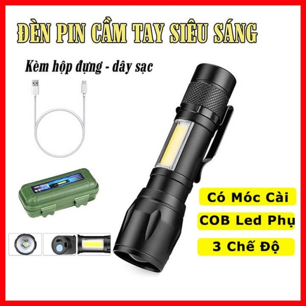 Đèn pin siêu sáng mini có Zoom xa gần, 3 chế độ sáng có móc treo tiện dụng tặng kèm hộp đựng, đèn pin mini cầm tay FE123