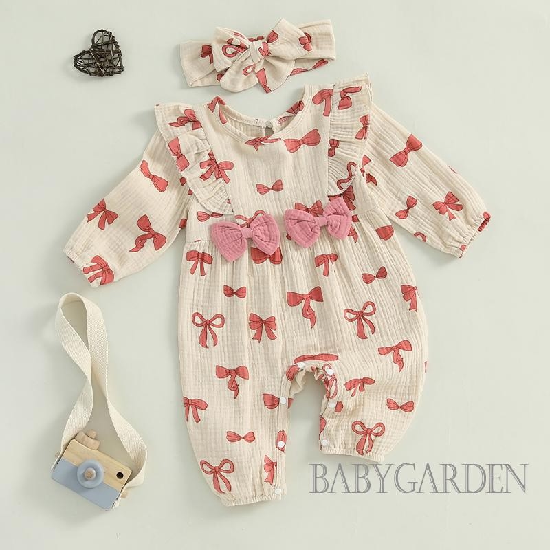 / / -Baby Girls Rompers Nơ In Hình Cổ Tròn Dài Tay Body Có Băng Đô Trẻ Sơ Sinh Quần Áo Mùa Thu