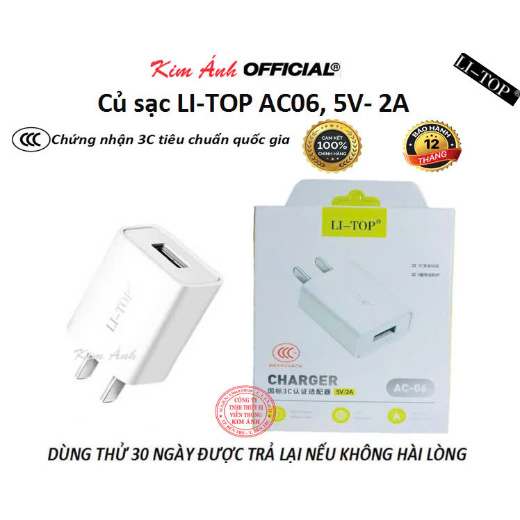 Củ sạc LI-TOP AC06, dòng điện 5V-2A, đạt chứng nhận 3C tiêu chuẩn quốc ...
