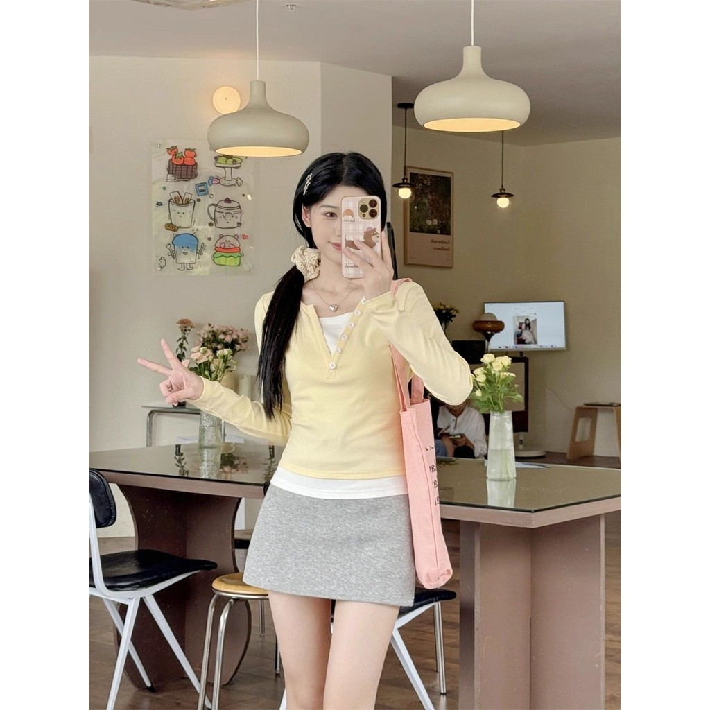Suxi Dễ Thương Màu Ngọt Ngào Mới Đơn Giản Áo Thun Dài Tay Nữ Slim Fit Áo 240919