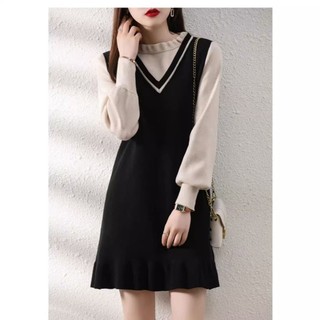 Mùa Thu Đông Đầm Dệt Kim Váy 2024 Phong Cách Mới Plus Size Đầm Nữ Béo mm Thời Trang Giảm Tuổi Màu Sắc Phù Hợp Với Cổ Tròn Giả Hai Mảnh