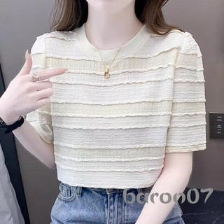 Áo thun nữ sọc cổ tròn tay ngắn mùa hè dáng rộng cho hàng ngày