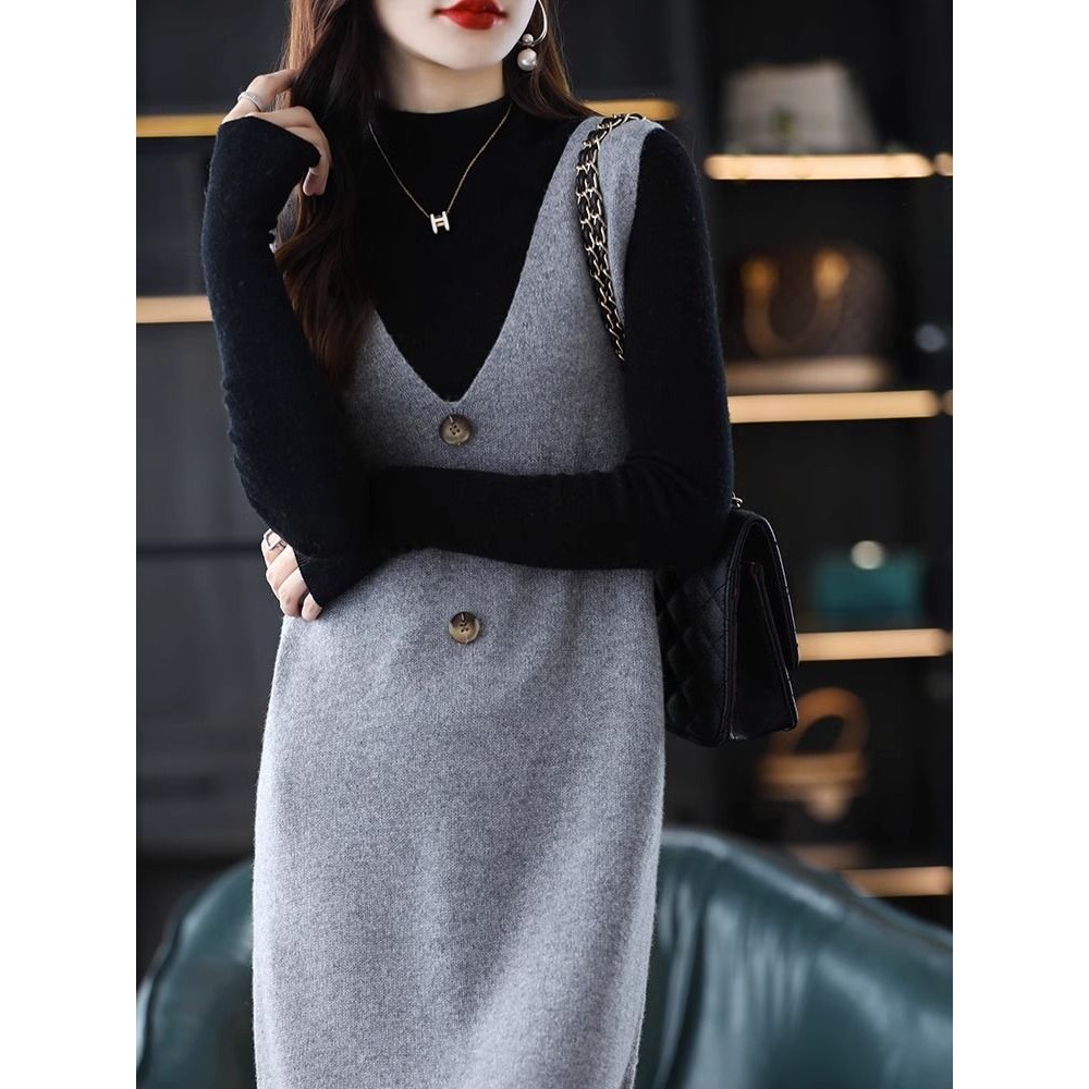 Váy Vest dài vừa phải Váy Vest nữ Váy len dệt kim không tay cổ chữ V Váy phù hợp.
