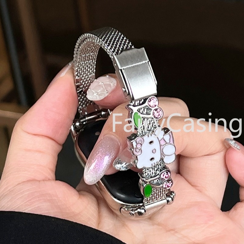 Dễ Thương KT Cat Flash Dây Thép Không Gỉ Cho Xiaomi Mi Band 10 9 8 Vòng Tay Kim Loại Thay Thế Dây Đeo Đồng Hồ Cho Miband 7 6 5 4 3 NFC Phụ Kiện