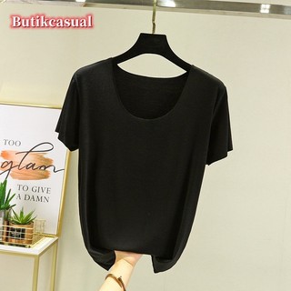 Áo thun nữ modal cotton tay ngắn mùa xuân hè 2024 dáng rộng cổ chữ U Plus Size
