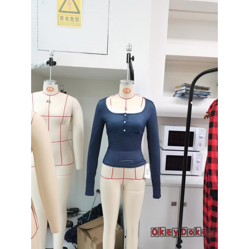Okdk-áo thun giảm béo mùa xuân thu dành cho nữ dài tay cổ vuông chấm in nút lên áo thun