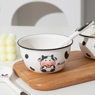 Set 2 bát sứ bò sữa kèm thìa dễ thương đóng hộp xốp an toàn tiện lợi
