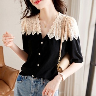 Áo cardigan cổ chữ V ngắn tay phong cách Hepburn Pháp, màu sắc tương phản, trendy 2025