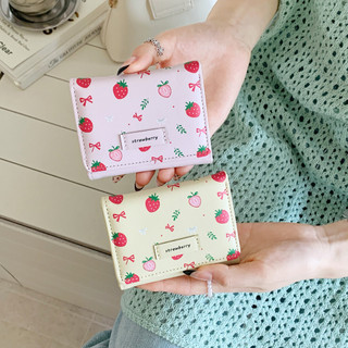 Phụ Nữ Hoạt Hình Nơ Dâu In Ví Mini Ngắn Gấp Ba Hộp Đựng Thẻ Đa Năng Dung Tích Lớn Ví Đựng Tiền Mặt