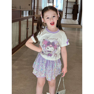 Set Kuromi dễ thương cho bé gái – Áo thun hoạt hình kèm váy ngắn kim sa lấp lánh