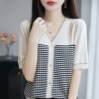 Mùa Hè 2025 Phong Cách Mới Dệt Kim Cardigan Mỏng Ngắn Tay Áo Thun Chui Đầu Bên Ngoài Mặc Bao Thịt Đơn Giản