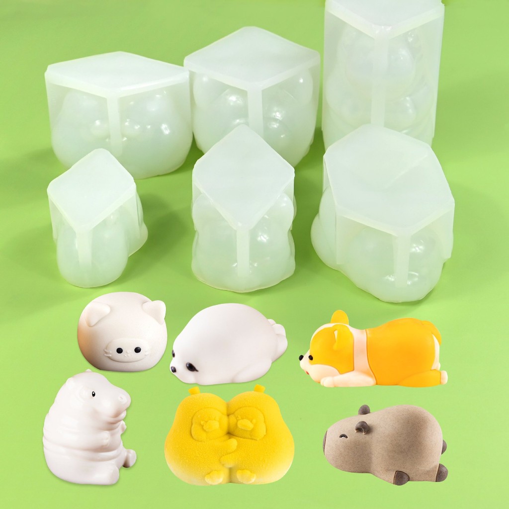 Khuôn silicon silicon 6 ngăn hình chó con, khủng long, Kapibara, vịt, thỏ, mèo, làm sữa thạch, mousse, pudding, tráng miệng tự làm