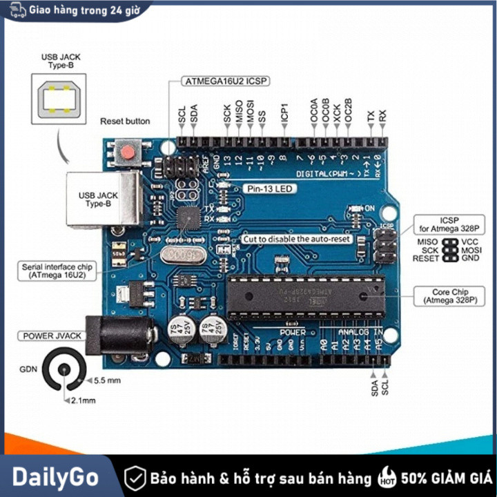 KIT Arduino Uno R3 Atmega328P Chíp Cắm Có Kèm Dây Cáp, R3 Chíp Dán, Nano, Pro Mini -Cáp Nạp Dữ Liệu