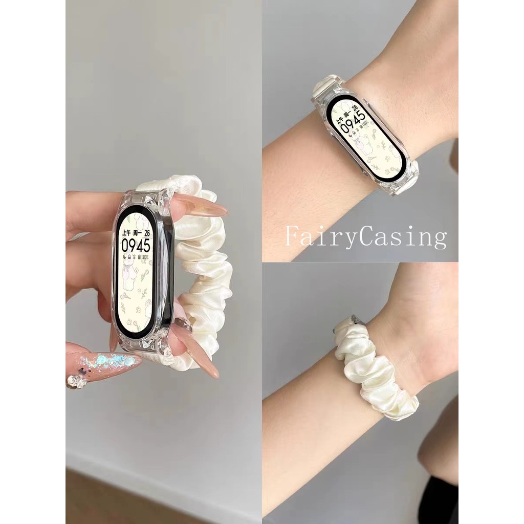 Dây đeo cổ tay dây buộc tóc đàn hồi + Vỏ trong suốt cho Xiaomi Mi Band 10 9 8 7 Vòng đeo tay thay thế cho MiBand 3 4 5 6 Band