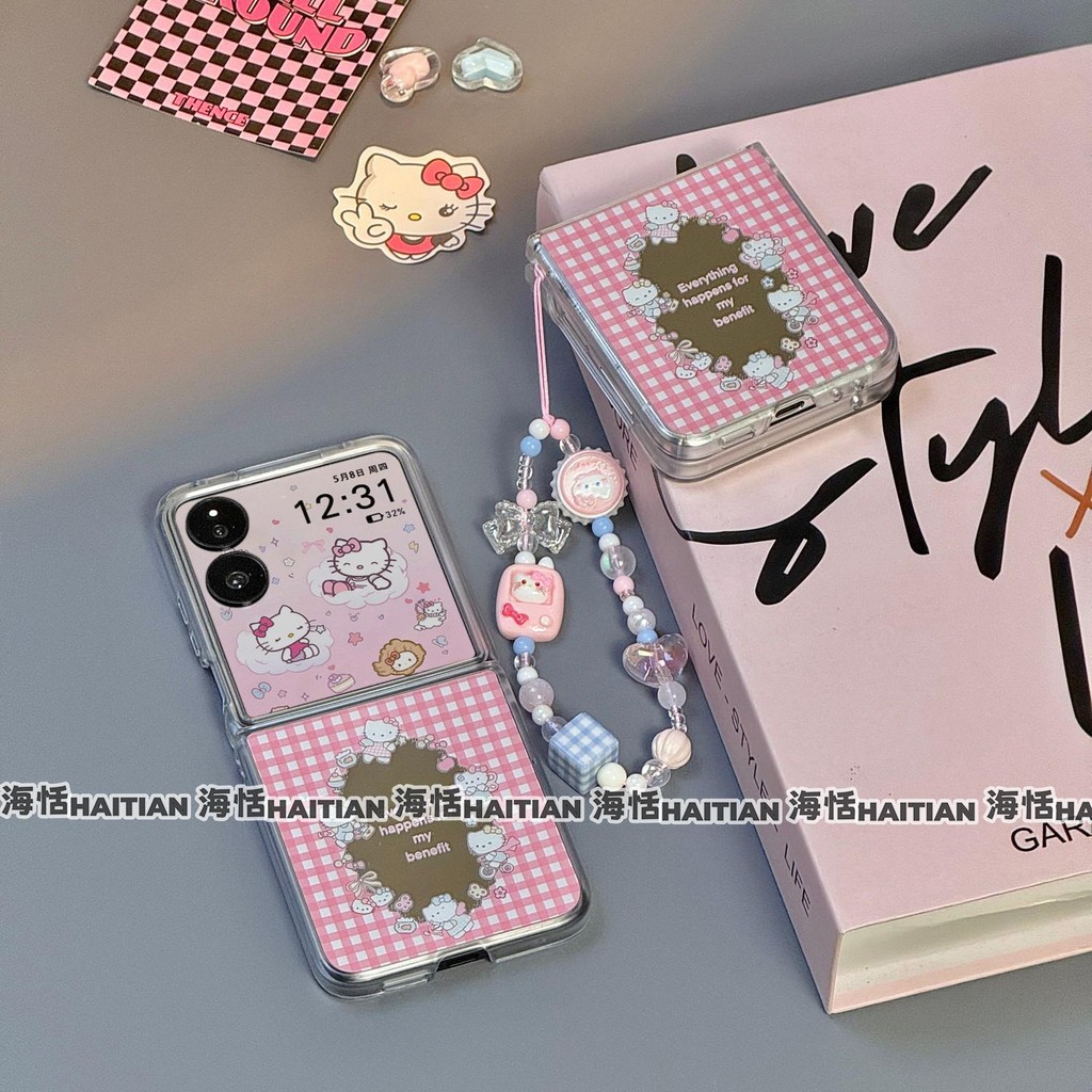 Gương Màu Hồng Checkered Kitty Vòng Tay Thích Hợp Cho Samsung Galaxy Zflip7 Vỏ Điện Thoại Hoạt Hình Dễ Thương Dây Gấp Vỏ Cho ZFlip 7 6 5 4 5G N3flip Mixflip Vỏ Bảo Vệ