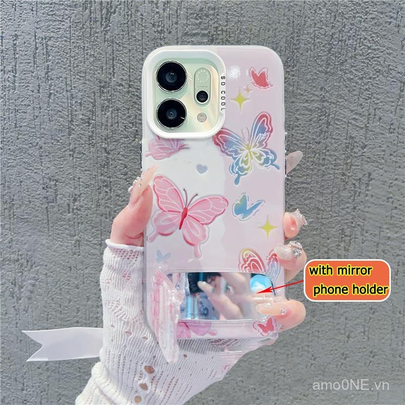 Ốp điện thoại OPPO Reno 14 5G OPPO Reno 14 Pro 5G Vỏ chống sốc hình bướm hồng đầy màu sắc dễ thương có gương Giá đỡ điện thoại Vỏ điện thoại cứng mờ sang trọng dành cho nữ sinh viên nữ