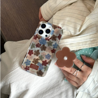 Hàn Quốc Retro Hoa Nâu Ngọc Trai Hoa Đế Điện Thoại Da Wrsit Dây Đeo Dành Cho iPhone 16Promax 16Pro 13 14 15 Pro Max Chống Sốc Hai Lớp imd Nữ Vỏ Di Động