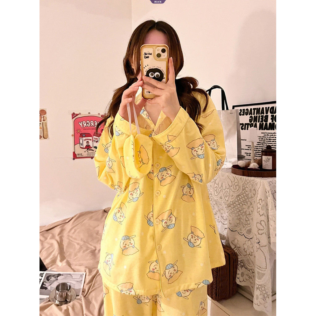 Bộ đồ ngủ Usagi Chiikawa Hachiware dài tay, phong cách hoạt hình Nhật Bản, phù hợp mùa xuân và thu
