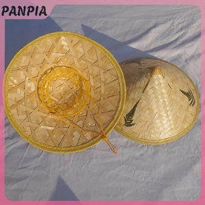 PANPIA-Cone Mũ Retro Tre Mây Người Cá Mũ Handmade Dệt Rơm Xô Mũ Mưa Khiêu Vũ Đạo Cụ Nón Che Nắng Mũ Nhựa Mũ Tre