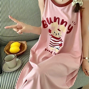 Áo Vest thỏ hoạt hình dễ thương Váy ngủ dài vừa phải dành cho nữ mùa hè Bộ đồ ngủ đeo rộng rãi tại nhà thông thường có thể mặc bên ngoài