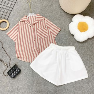 SET Sơ Mi Quần Đùi Bigsize Nữ Áo Somi Kẻ Sọc Vải Linen Kèm Quần Short Vibe Vintage A288+Q500