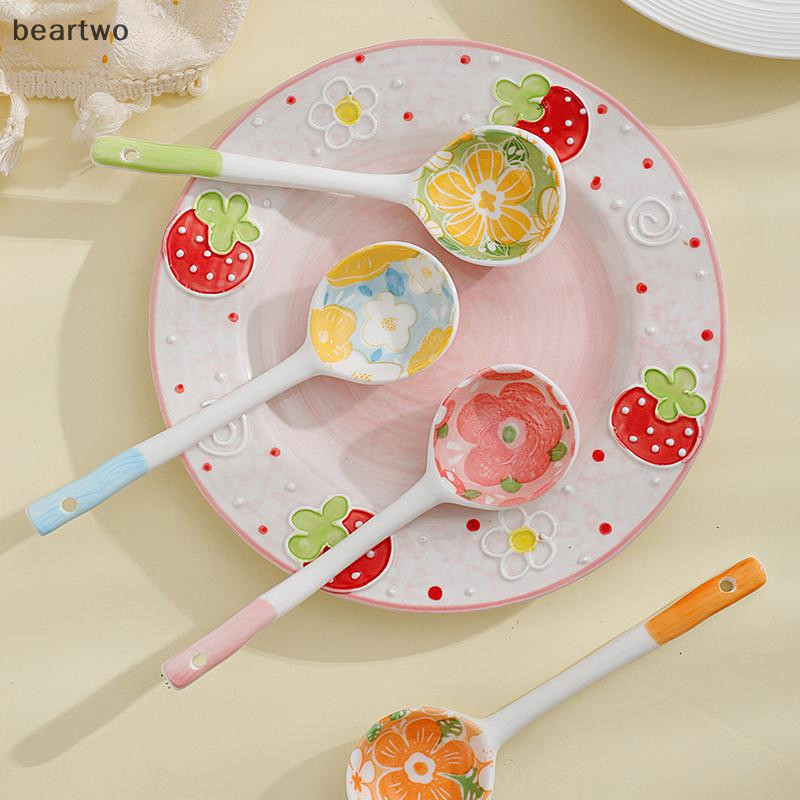 < Beartwo > Muỗng Ăn Gốm Hoa Dễ Thương Hàn Quốc Kem Sơn Tay Cà Phê Món Tráng Miệng Tay Cầm Dài Thìa Đẹp Phụ Kiện Nhà Bếp