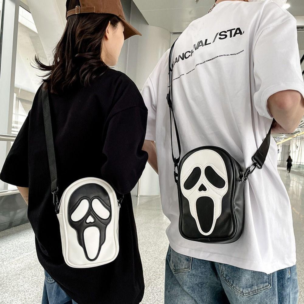 Túi ma quỷ GUSTAVA, Túi đeo chéo Halloween cổ điển bằng da PU, Gói Fanny trắng đen thông thường Unisex