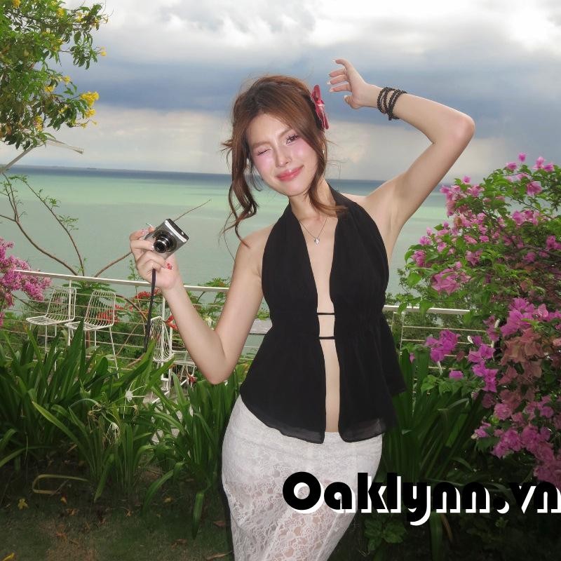 Áo Vest cổ dây mùa hè dành cho nữ không tay hở lưng màu trơn mở phía trước