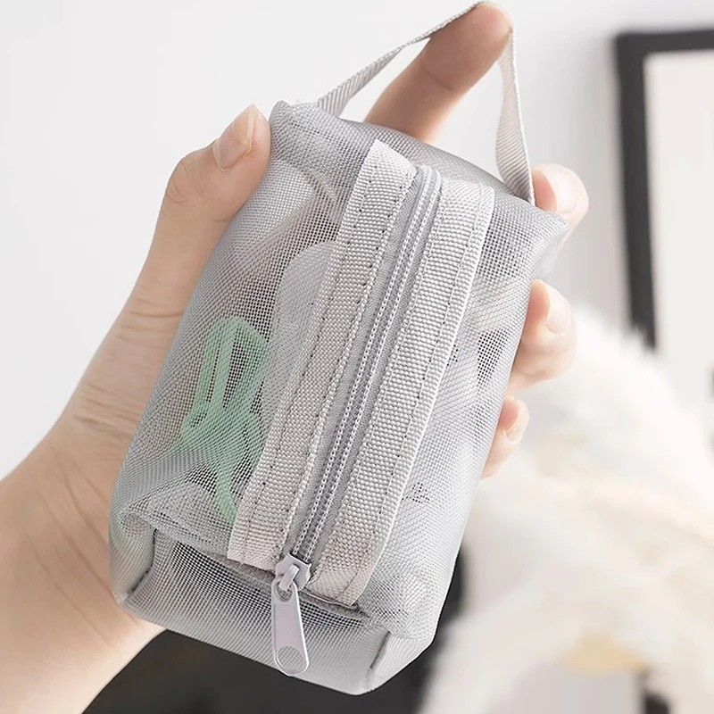 Túi lưu trữ lưới vuông di động Dây kéo Mini Ví đựng tiền xu Túi dung tích lớn Túi đựng mỹ phẩm trong suốt