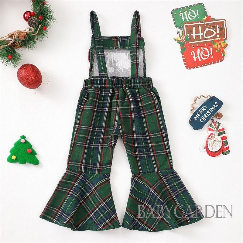/ / -6Month-4years Trẻ Em Bé Gái Áo Liền Quần Giáng Sinh Không Tay Thêu Chữ Kẻ Sọc Suspender Quần loe