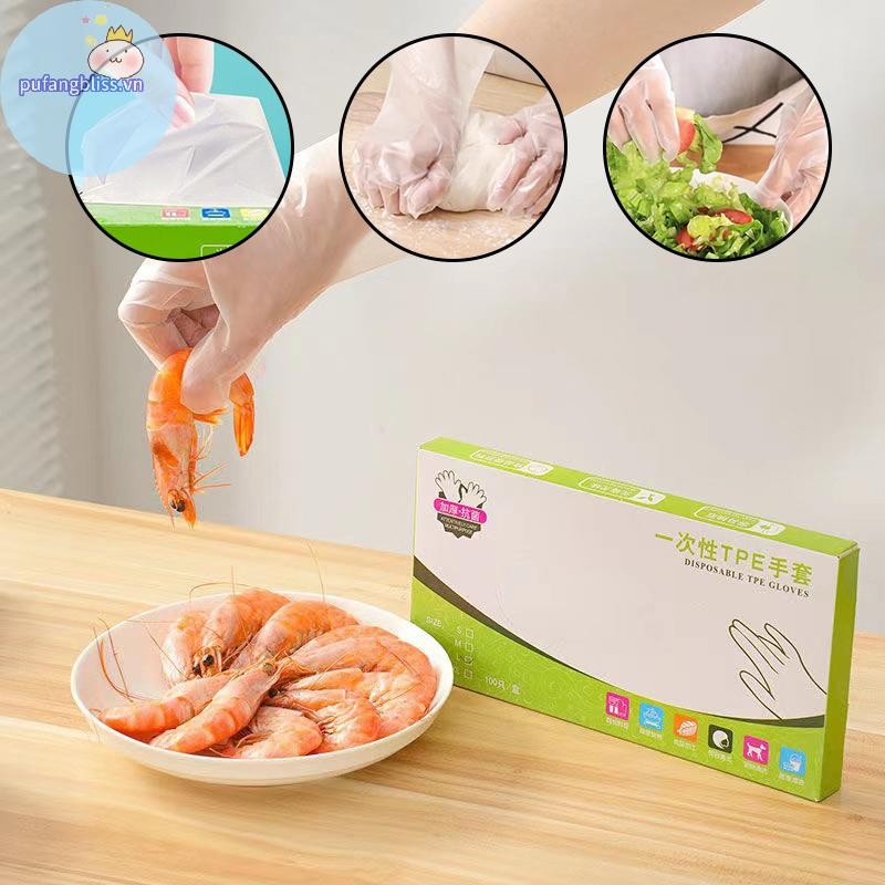 Pufangbliss 100 Cái / hộp Găng Tay Cao Su Miễn Phí TPE Găng Tay Dùng Một Lần Trong Suốt Axit Chống Trơn Trượt An Toàn Làm Việc Cấp Thực Phẩm Găng Tay Vệ Sinh Gia Đình VN