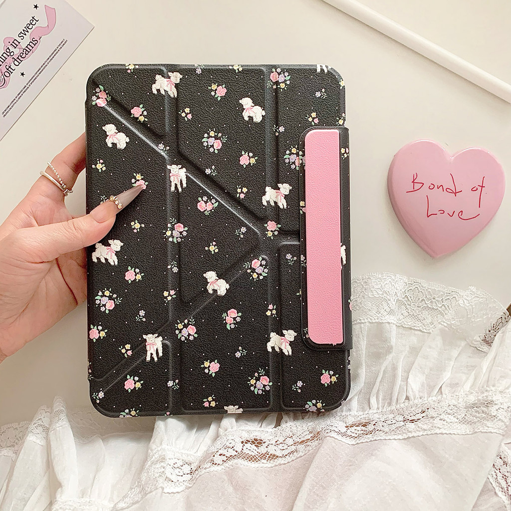 Vỏ Có Thể Tháo Rời Cho Mini6 Mini7 A17Pro iPad 5 6 7 8 9 10th 11th A16 Air4 Air5 Air6 Pro11 Pro12,9 2018 Air M2 Pro M4 11 13 2024 Vỏ Da Họa Tiết Hoa Đen Khe Cắm Bút Chì
