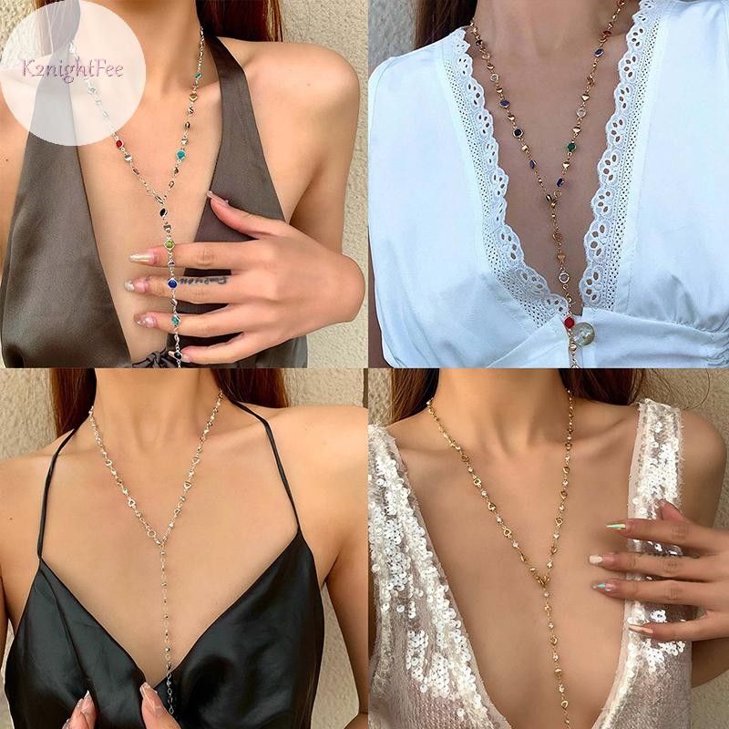 K2nightfee Thời Trang Kính Nhiều Màu Sắc Dài Hình Chữ Y Vòng Cổ Kim Loại Xương Đòn Dây Xích Vàng Bạc Màu sel Vòng Cổ Đảng Trang Sức Cơ Thể VN