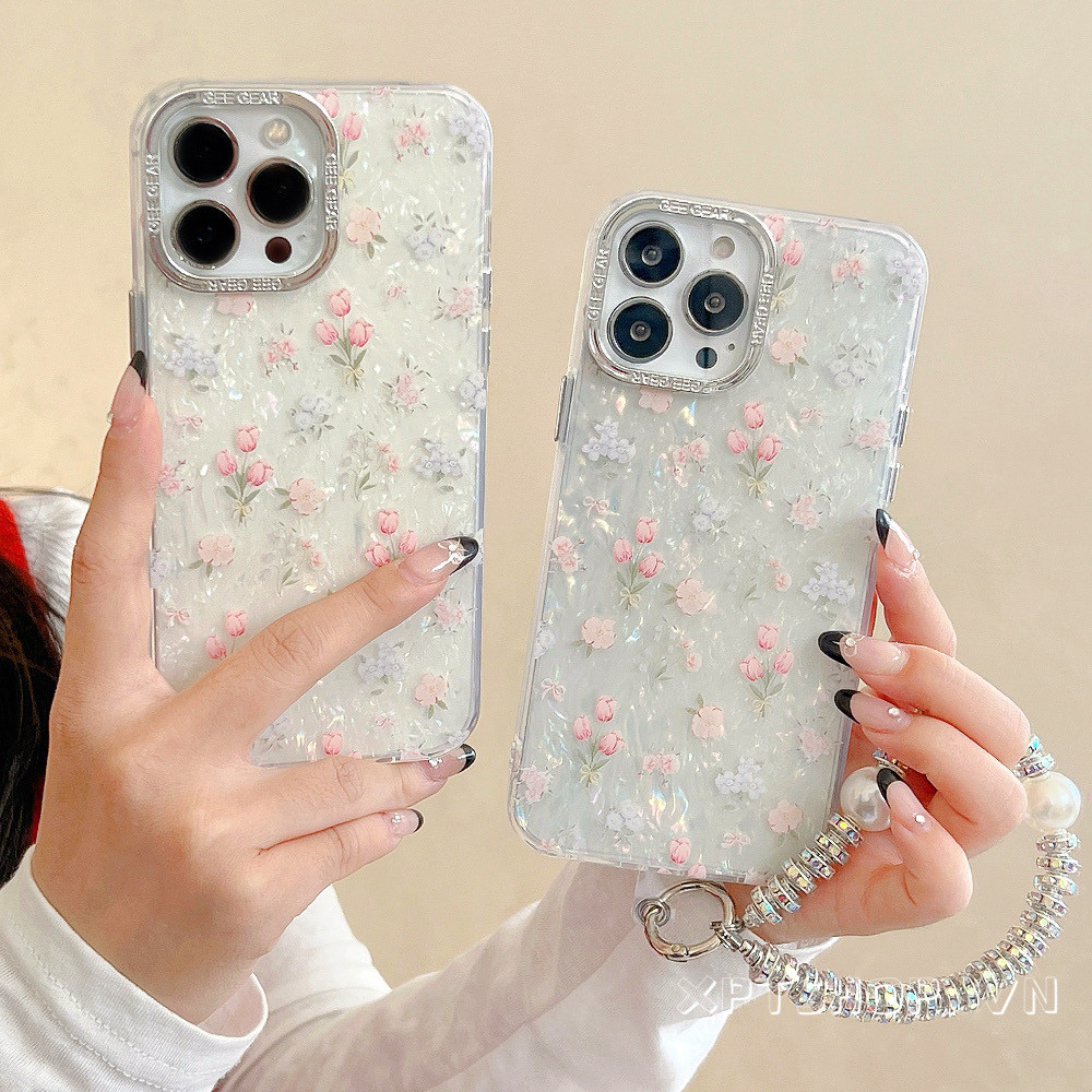 Ốp điện thoại họa tiết vỏ chuỗi hoa Tulip cho iPhone 16ProMax 16Pro 16 15ProMax 14 13 12 11ProMax Vỏ bảo vệ chống sốc toàn diện