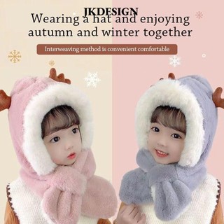 Mũ trẻ em JKDESIGN có khăn quàng cổ, Khăn quàng cổ tích hợp hoạt hình sang trọng cho trẻ em, Mũ bảo vệ tai thông thường ấm áp dễ thương cho trẻ em