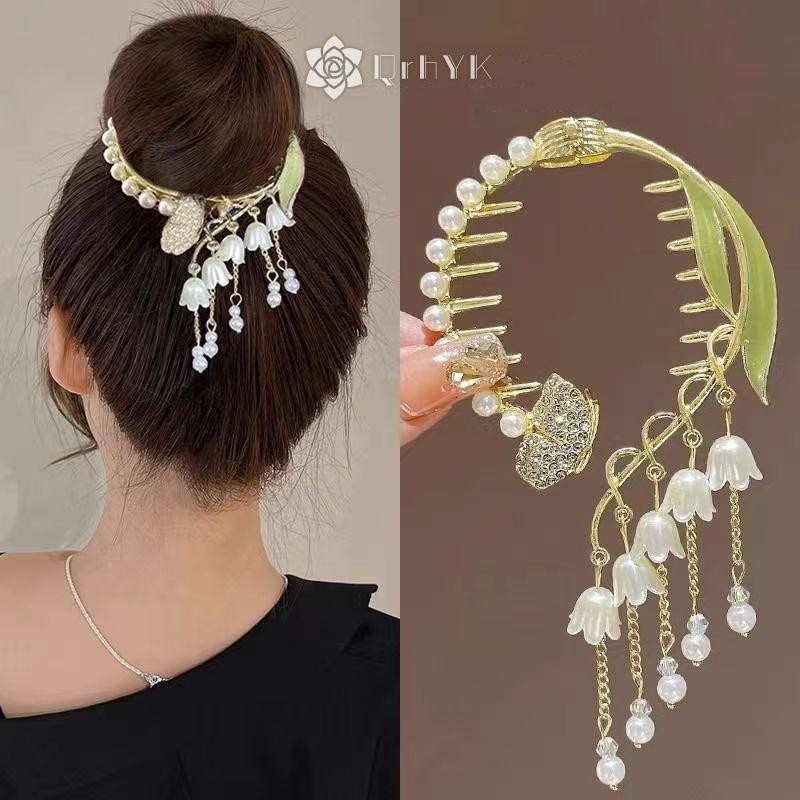 Qrhyk Thanh Lịch Móng Vuốt Tóc Tóc Đuôi Ngựa Khóa Đuôi Ngựa Ngọc Trai Kim Cương Giả Ngọc Trai sel Kẹp Tóc Mũ Đội Đầu Mới