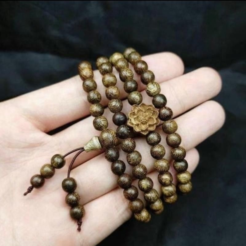 [TẶNG LỘC RÙA VÀNG] Vòng Tay Trầm Hương 108 Hạt Size 6Li Mix Charm Hoa Sen Gỗ Đã Khai Quang - Kèm Hộp Gấm Đựng