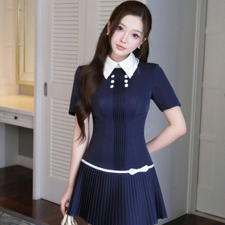 Đầm ngắn Khiết Style dáng xòe xếp ly xanh navy phối nút bọc vải trắng phong cách thanh lịch KD173