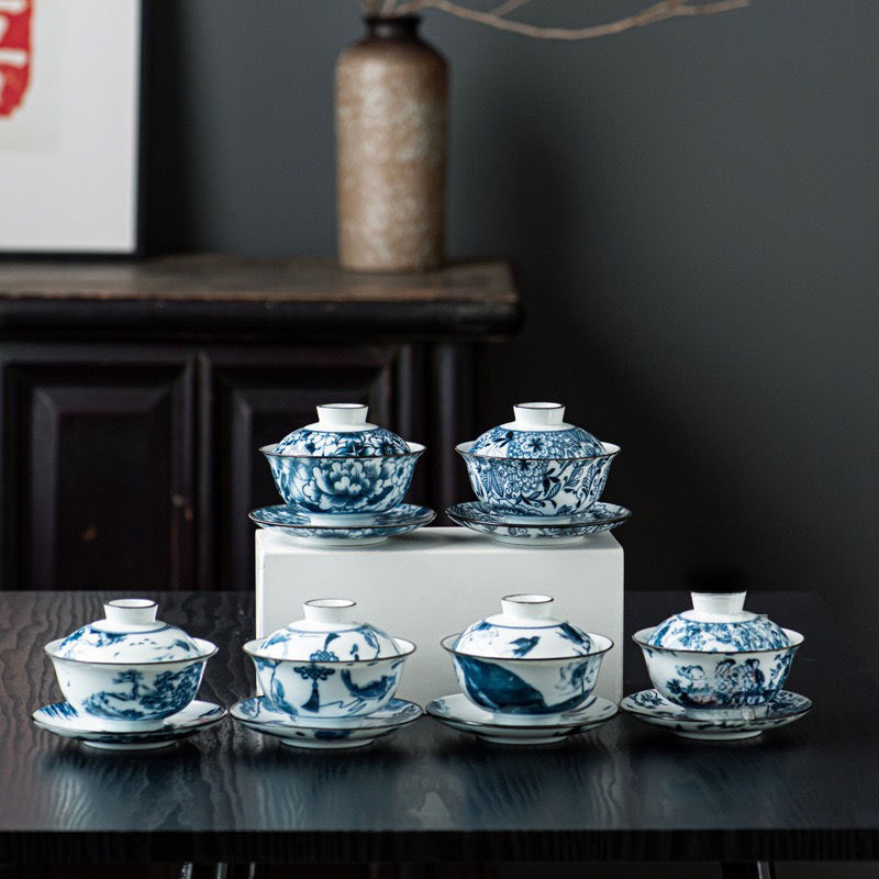 Bộ Trà Gaiwan Trắng Xanh Retro Bộ Trà Kung Fu Gốm sứ Trung Quốc