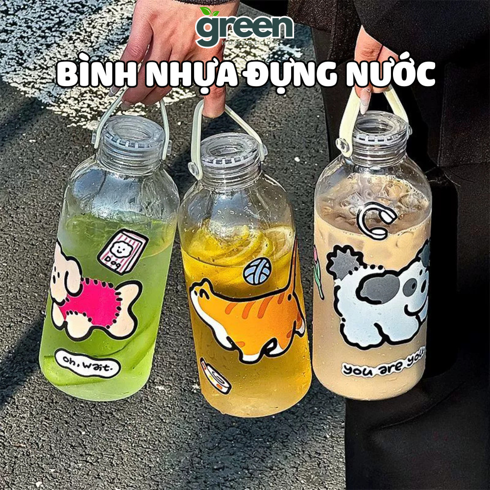 Bình Nước Nhựa Trong Suốt Kèm Sticker, Bình Đựng Nước 1L Có Quai Xách Tiện Lợi Mang Đi Học Làm dinohome