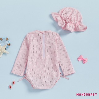 MG-Toddler Girl Eyelet Đồ bơi dài tay cổ tròn Xù Bộ đồ tắm có mũ bơi Bộ 2 chiếc
