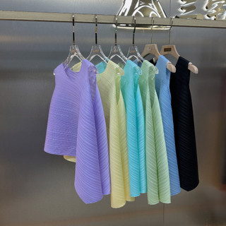 Miyake Xếp Ly Quần Áo Kích Thước Lớn Xếp Ly Mùa Hè Phong Cách Mới Màu Trơn Dopamine Vát Cạnh Không Đều Không Tay Top Tất Cả Trận Đấu Mỏng Hơn Nhìn Tính Khí