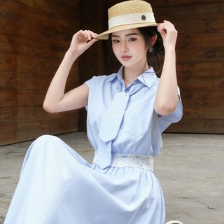 Set áo sơ mi cách điệu phối ren thêu trắng Khiết Style mix cùng chân váy chữ A xòe kẻ sọc xanh trẻ trung KS282