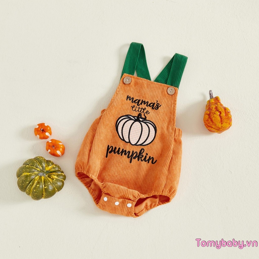 Bộ áo liền quần không tay thêu chữ Halloween Bộ đồ liền thân bí ngô cho bé gái bé trai