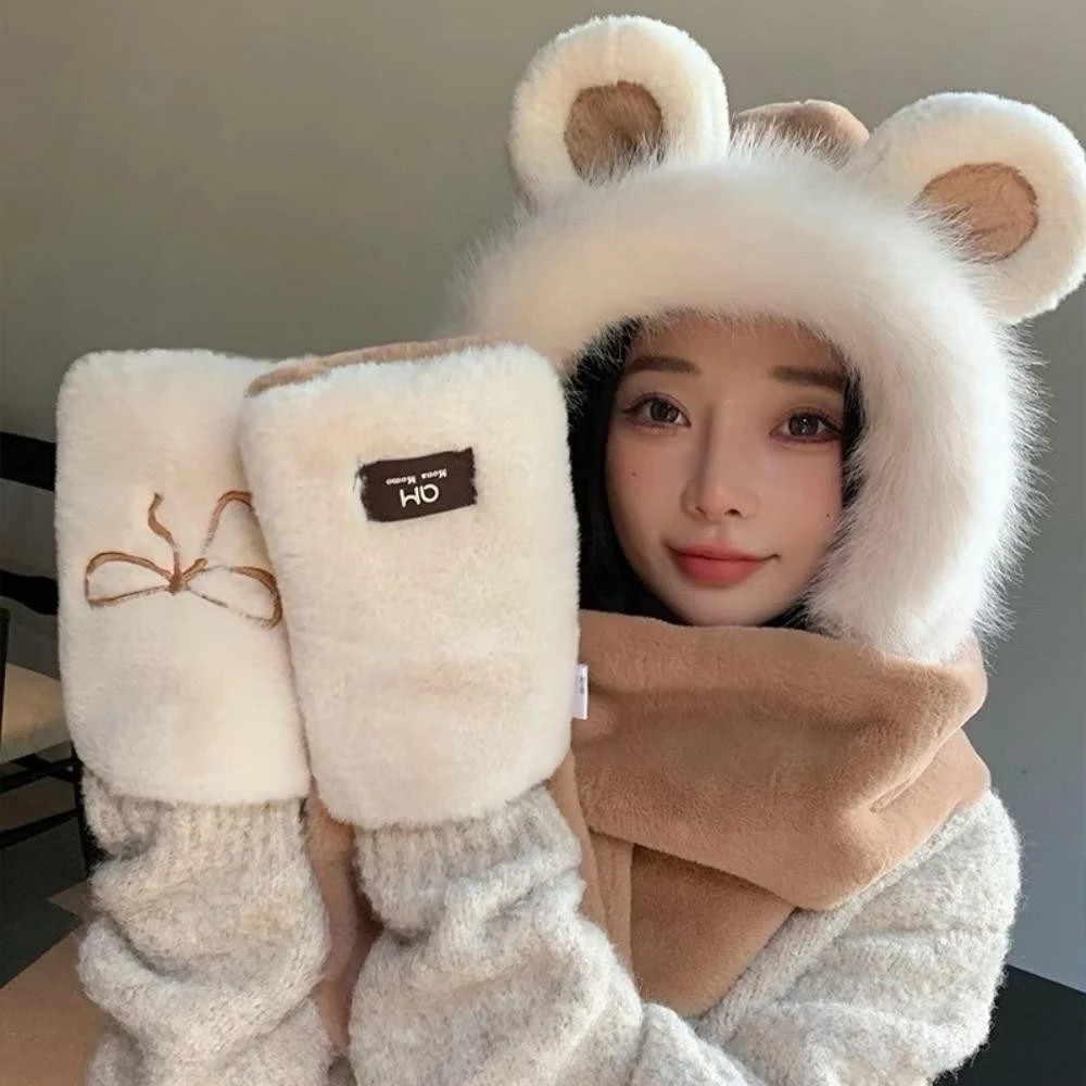 Mũ len lông cừu, mũ trùm đầu gấu nơ kèm khăn quàng cổ và găng tay, mũ chống lạnh giữ ấm mùa đông