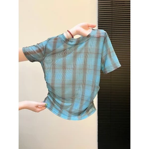 Milyfashion Retro Kẻ Sọc In Tất Cả Trận Đấu Lưới Ngắn Tay Top Mùa Hè Mỏng Gọn Rộng Ôm Hơn Nhìn T