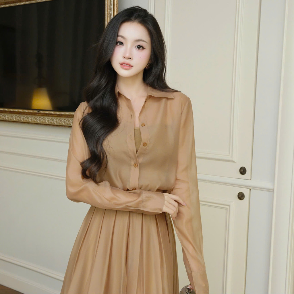 Set váy dài Masara gồm sơ mi và chân váy tằm organza nâu caramel kèm áo lót phong cách thanh lịch MS862