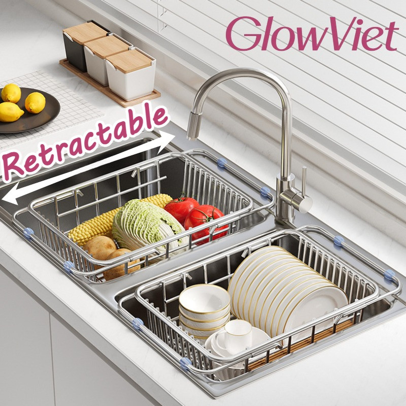 Rổ Gác Bồn Rửa Bát Đa Năng, Retractable, đệm silicone chống trượt, thoát nước nhanh