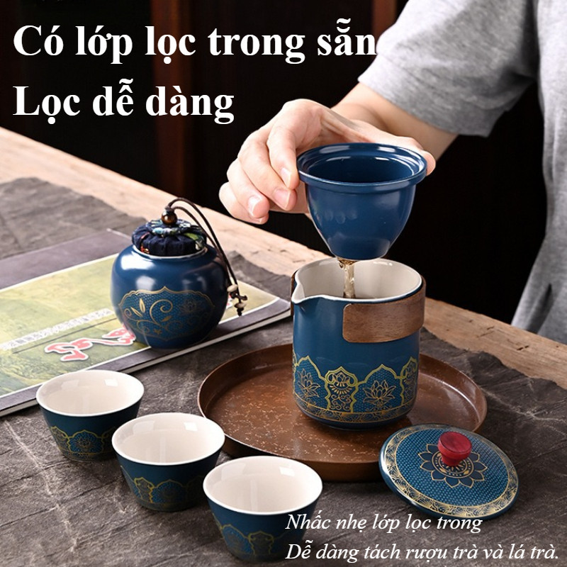Bộ ấm trà du lịch 6 món, Gốm sứ tráng men cao cấp, kèm túi da sang trọng, tiện lợi mang đi mọi nơi
